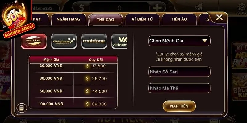 Nạp tiền sunwin Các bước nạp tiền Sunwin qua thẻ cào đơn giản mà miễn phí